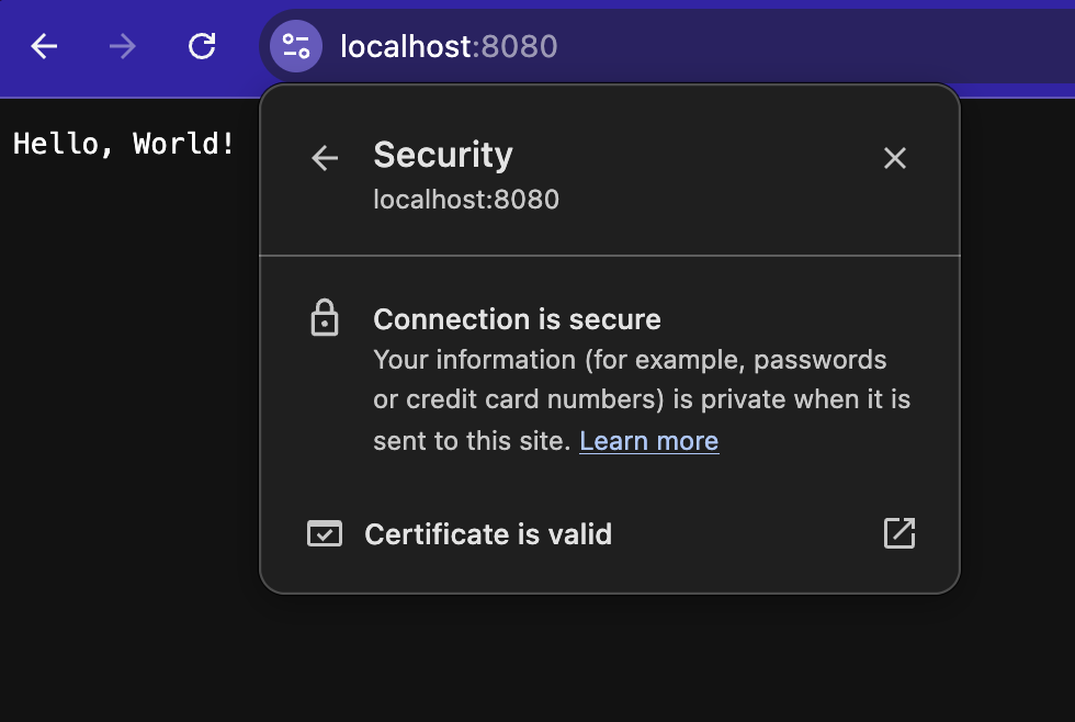 Browser shows the connection as secure when the TLS certificate is verified